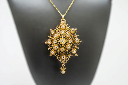 14k Yellow Gold Brooch Pendant set with Natural Rose Mixed Cut Diamonds on 14k Yellow Gold Chain