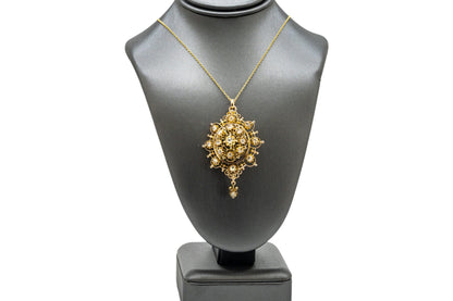 14k Yellow Gold Brooch Pendant set with Natural Rose Mixed Cut Diamonds on 14k Yellow Gold Chain