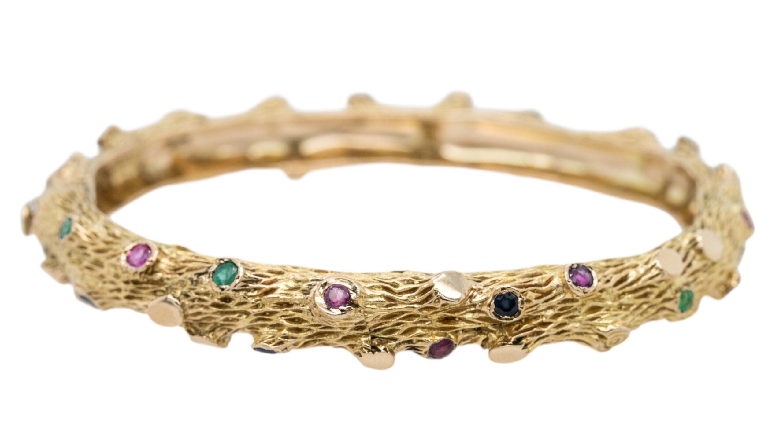 14k Yellow Gold Bark Finish Bangle Set With Emeralds and Sapphires