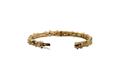14k Yellow Gold Bark Finish Bangle Set With Emeralds and Sapphires