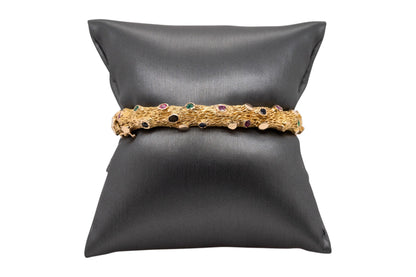 14k Yellow Gold Bark Finish Bangle Set With Emeralds and Sapphires