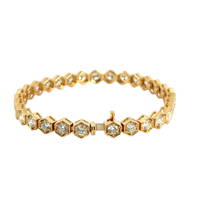 18k Yellow Gold Hexagon Shaped Bezel Set 7.25ctw Natural Round Diamond Tennis Bracelet