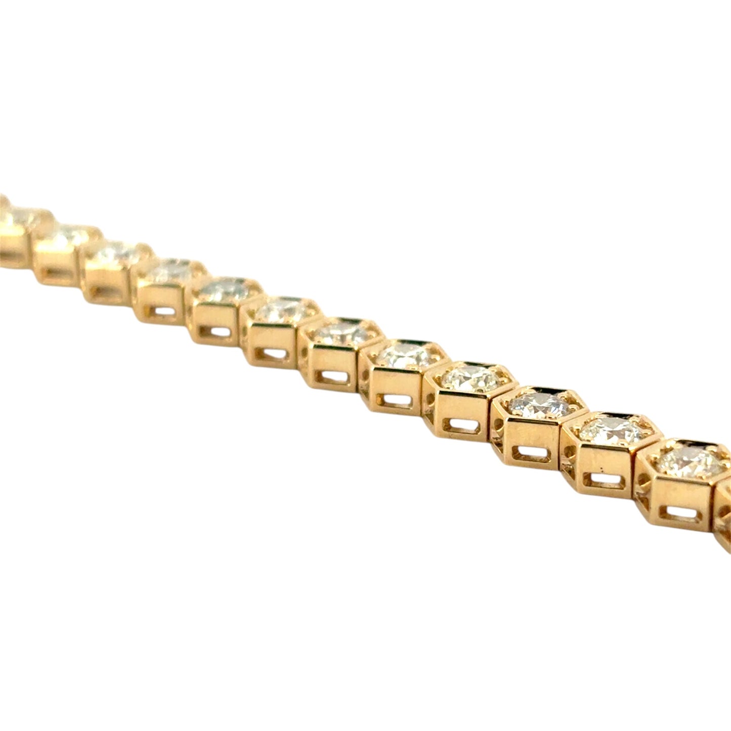 18k Yellow Gold Hexagon Shaped Bezel Set 7.25ctw Natural Round Diamond Tennis Bracelet