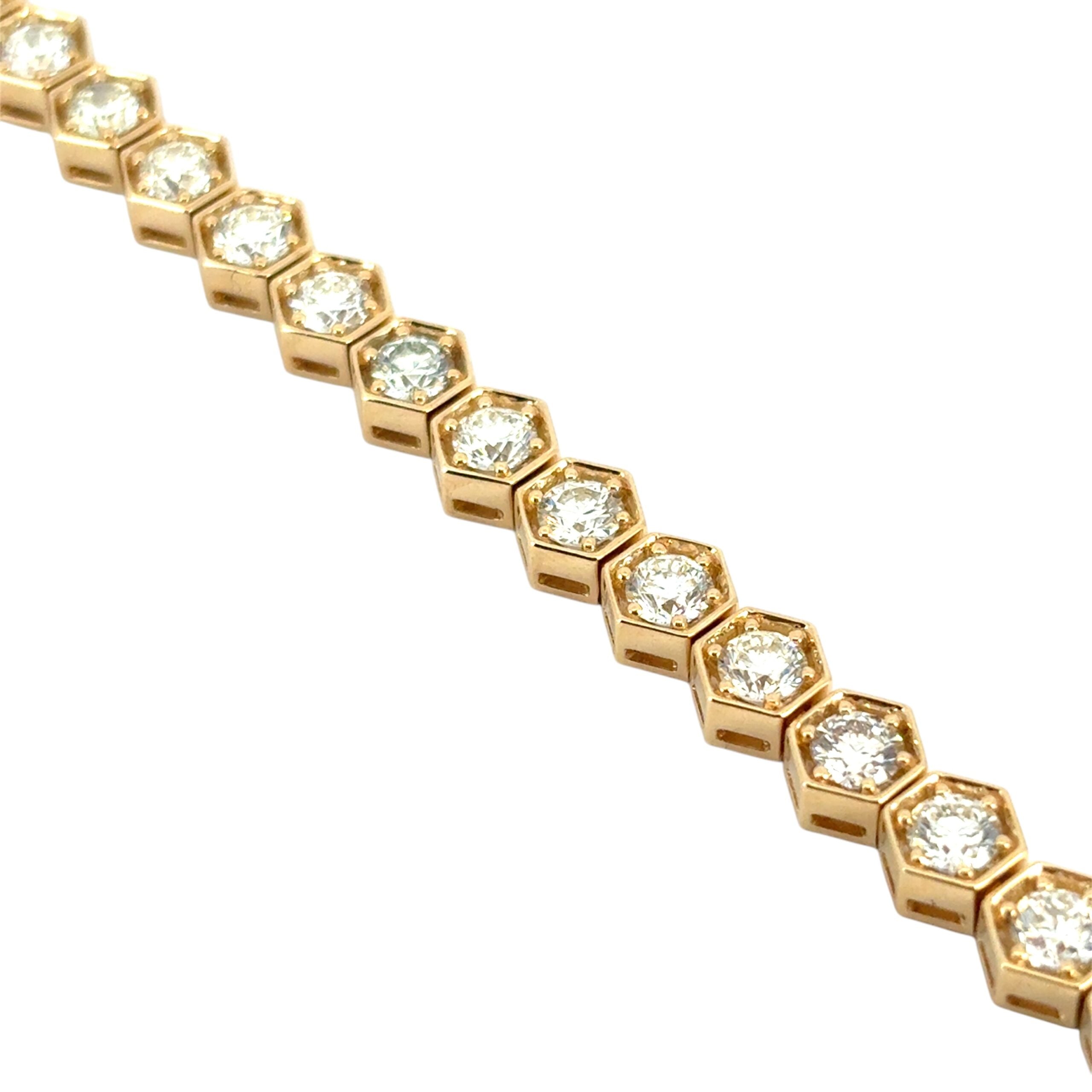 18k Yellow Gold Hexagon Shaped Bezel Set 7.25ctw Natural Round Diamond Tennis Bracelet