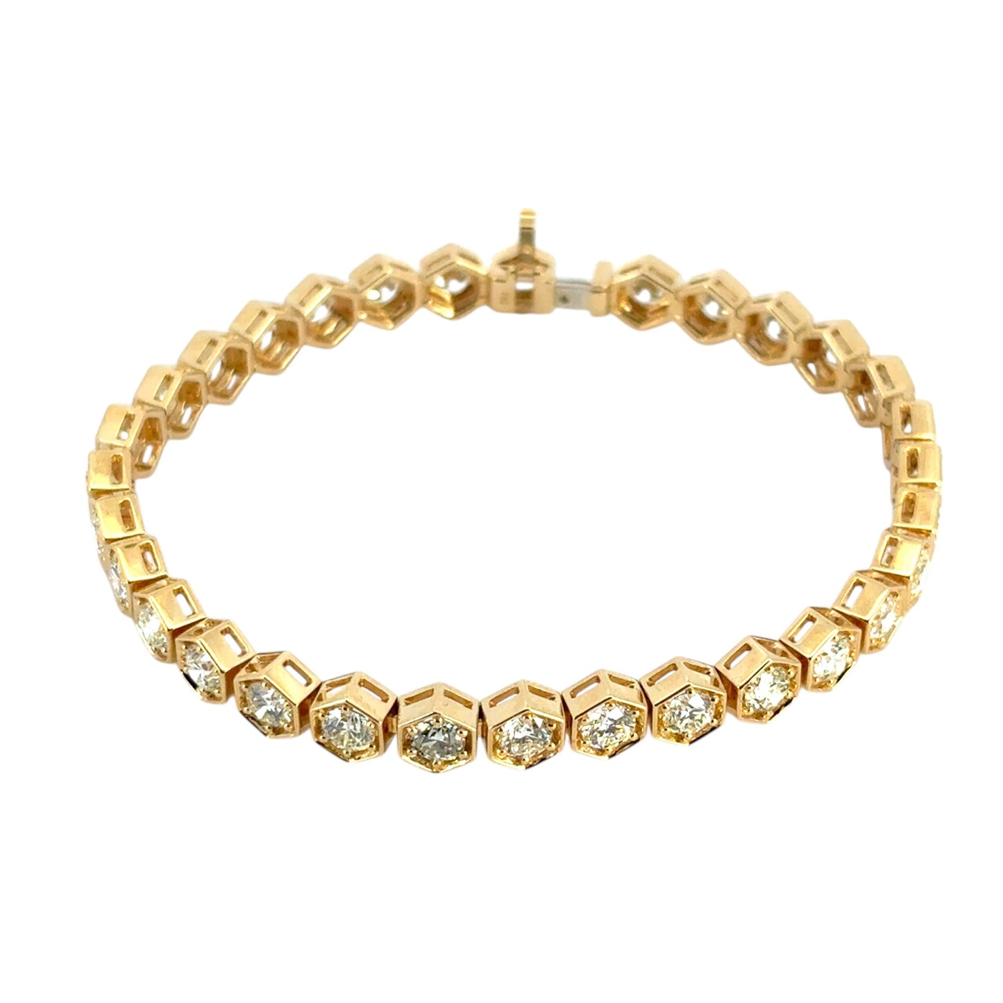 18k Yellow Gold Hexagon Shaped Bezel Set 7.25ctw Natural Round Diamond Tennis Bracelet