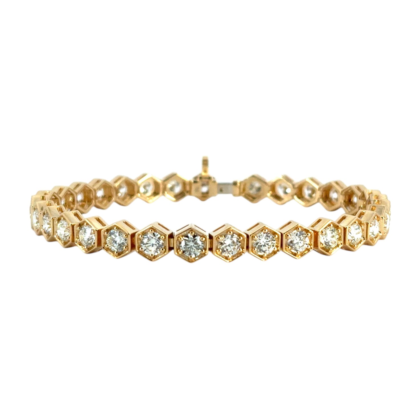18k Yellow Gold Hexagon Shaped Bezel Set 7.25ctw Natural Round Diamond Tennis Bracelet