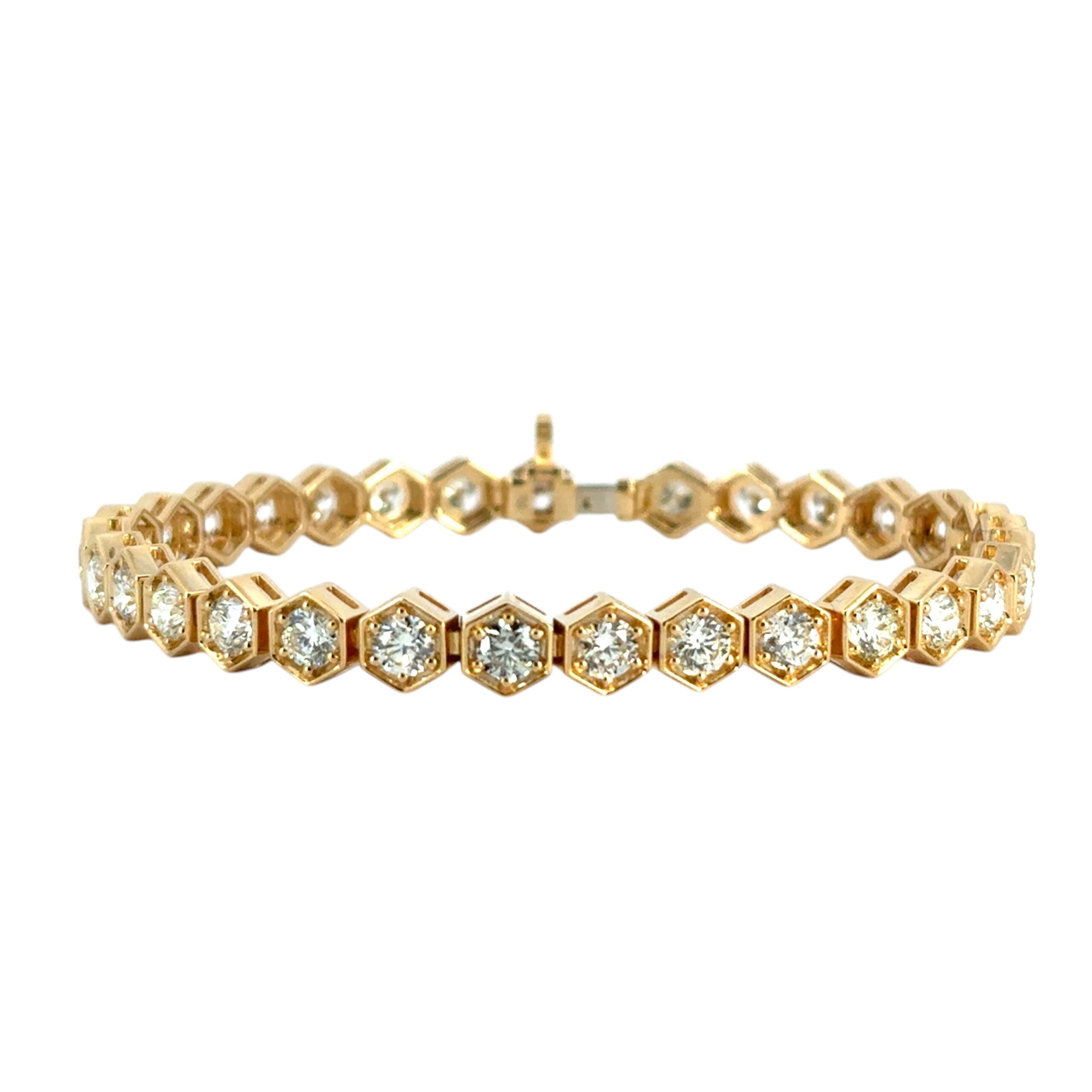 18k Yellow Gold Hexagon Shaped Bezel Set 7.25ctw Natural Round Diamond Tennis Bracelet