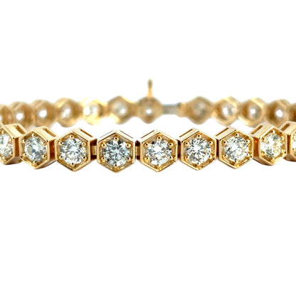 18k Yellow Gold Hexagon Shaped Bezel Set 7.25ctw Natural Round Diamond Tennis Bracelet