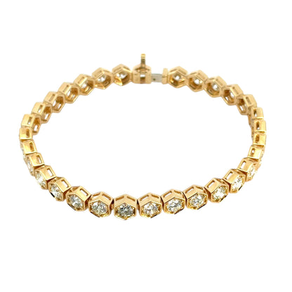 18k Yellow Gold Hexagon Shaped Bezel Set 7.25ctw Natural Round Diamond Tennis Bracelet