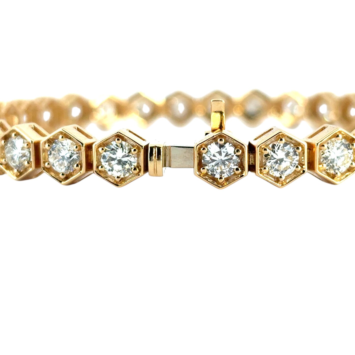 18k Yellow Gold Hexagon Shaped Bezel Set 7.25ctw Natural Round Diamond Tennis Bracelet