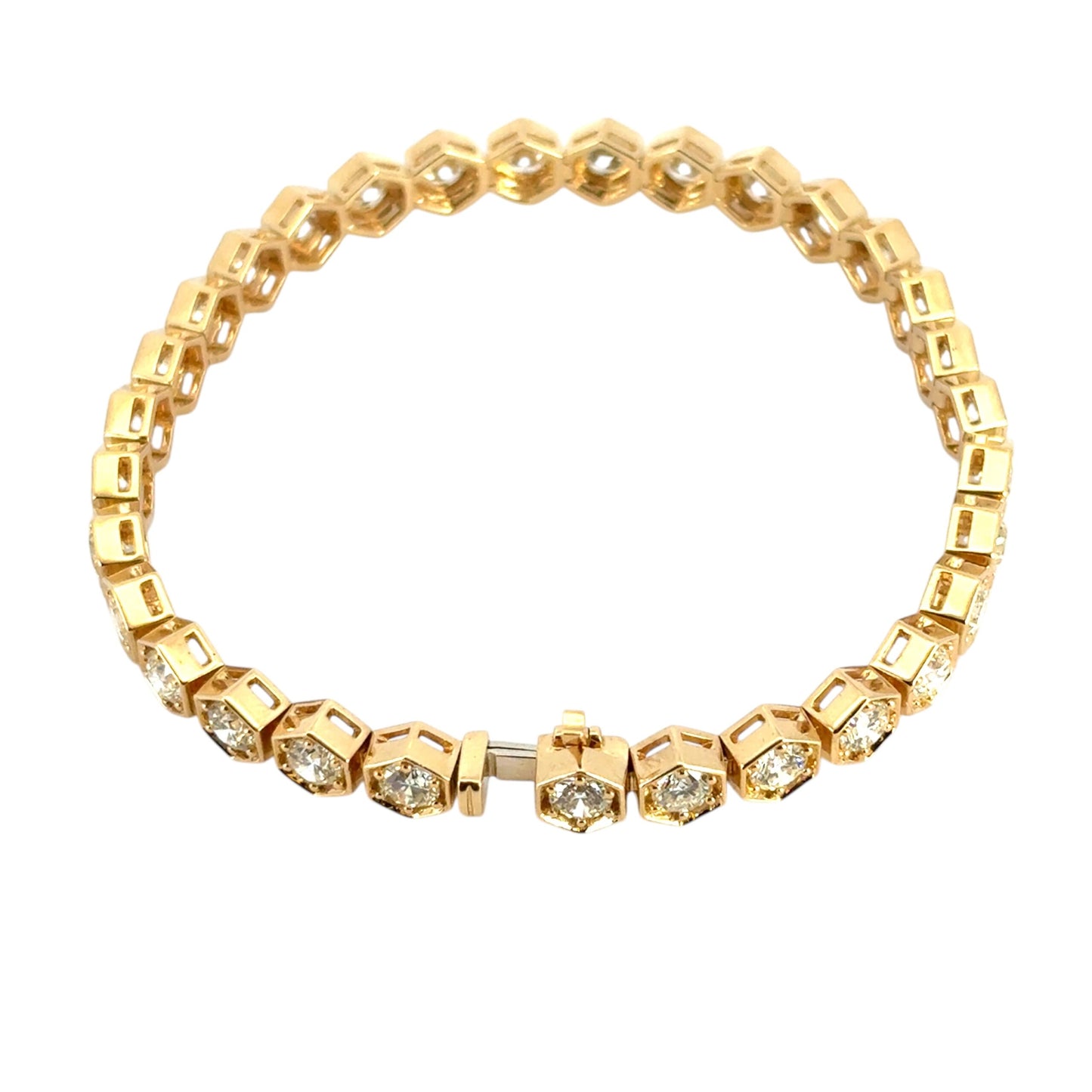 18k Yellow Gold Hexagon Shaped Bezel Set 7.25ctw Natural Round Diamond Tennis Bracelet