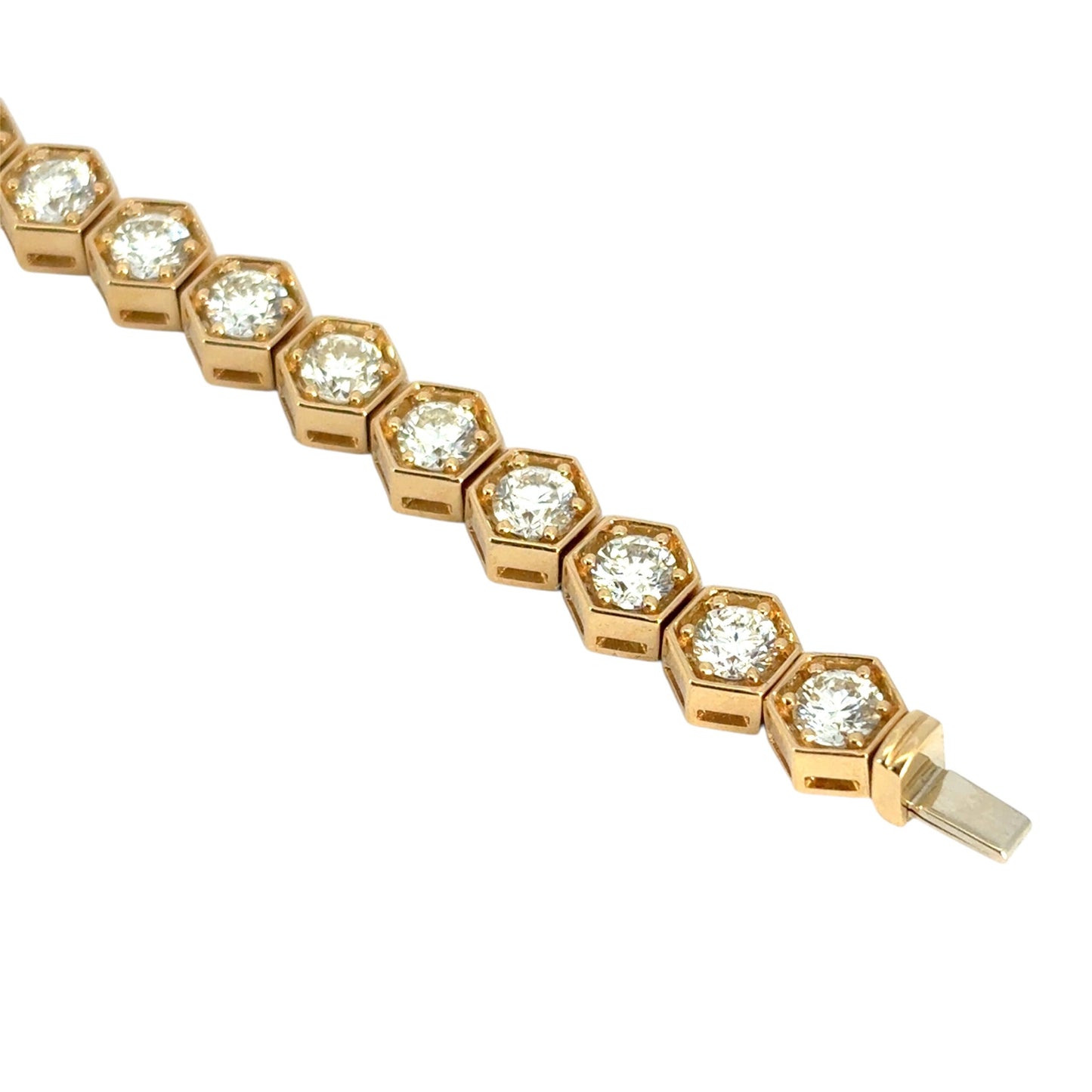18k Yellow Gold Hexagon Shaped Bezel Set 7.25ctw Natural Round Diamond Tennis Bracelet