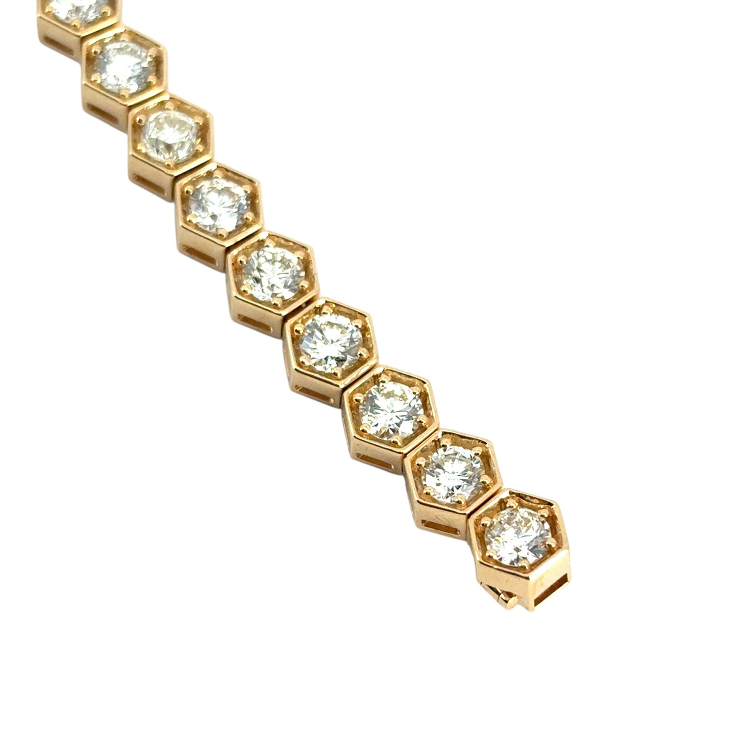 18k Yellow Gold Hexagon Shaped Bezel Set 7.25ctw Natural Round Diamond Tennis Bracelet