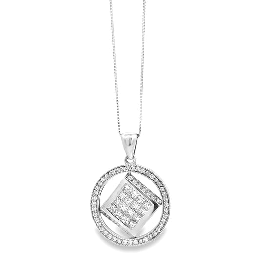 14k White Gold 3.00ctw Princess & Round Diamond Cluster Pendant Necklace