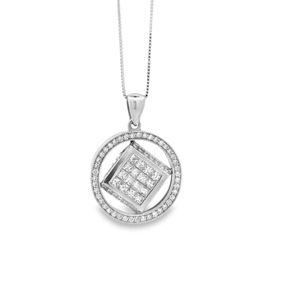 14k White Gold 3.00ctw Princess & Round Diamond Cluster Pendant Necklace