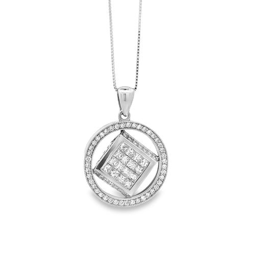 14k White Gold 3.00ctw Princess & Round Diamond Cluster Pendant Necklace