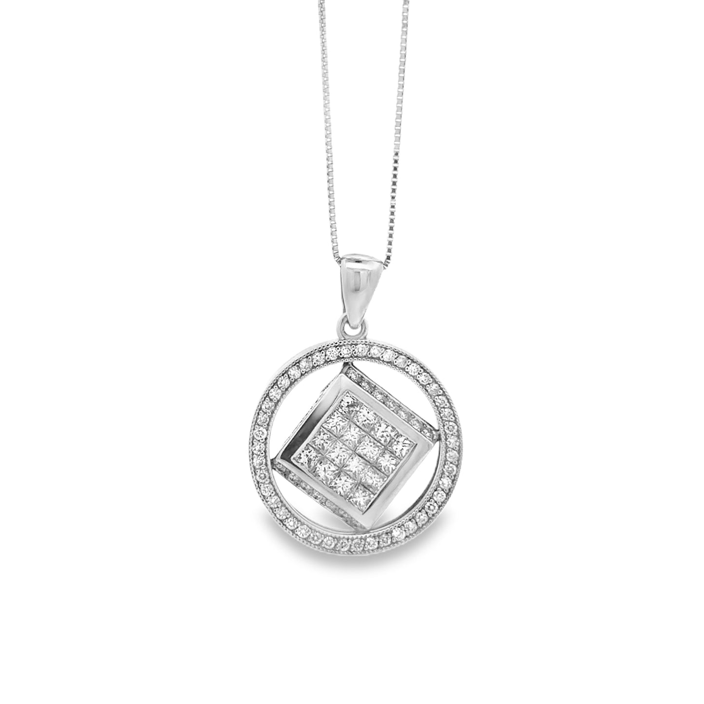 14k White Gold 3.00ctw Princess & Round Diamond Cluster Pendant Necklace