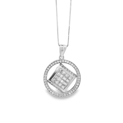 14k White Gold 3.00ctw Princess & Round Diamond Cluster Pendant Necklace