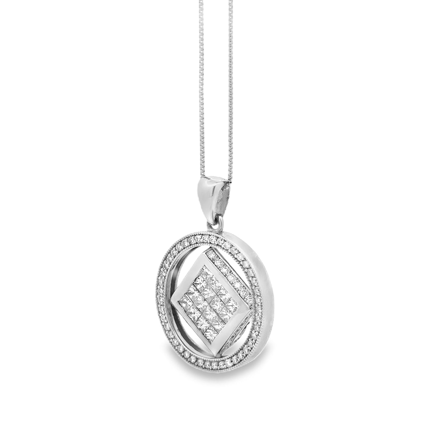 14k White Gold 3.00ctw Princess & Round Diamond Cluster Pendant Necklace