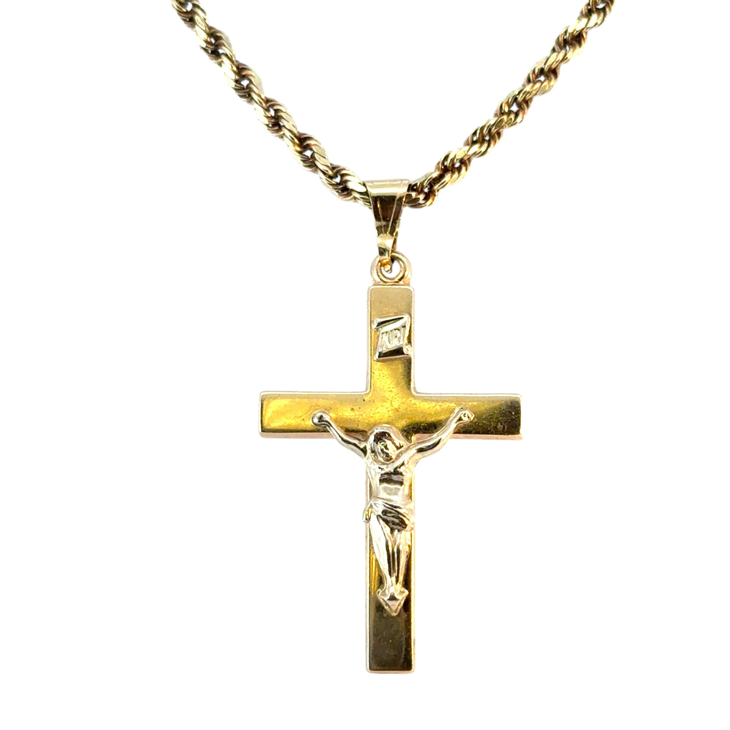 Vintage 14k Yellow Gold Cross Jesus Pendant on a 14k Yellow Gold Rope Necklace