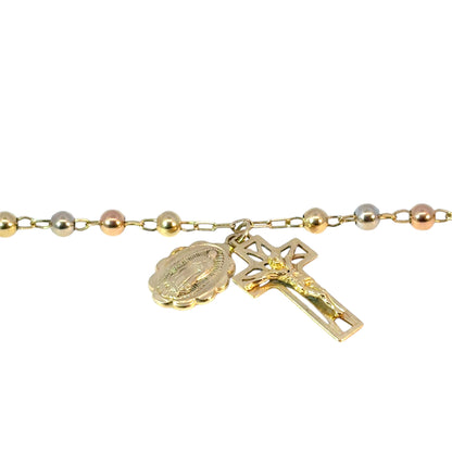Vintage 14k Yellow Gold Rosary Bead Bracelet with Cross Jesus Pendant and Oval Mother of Mary Pendant