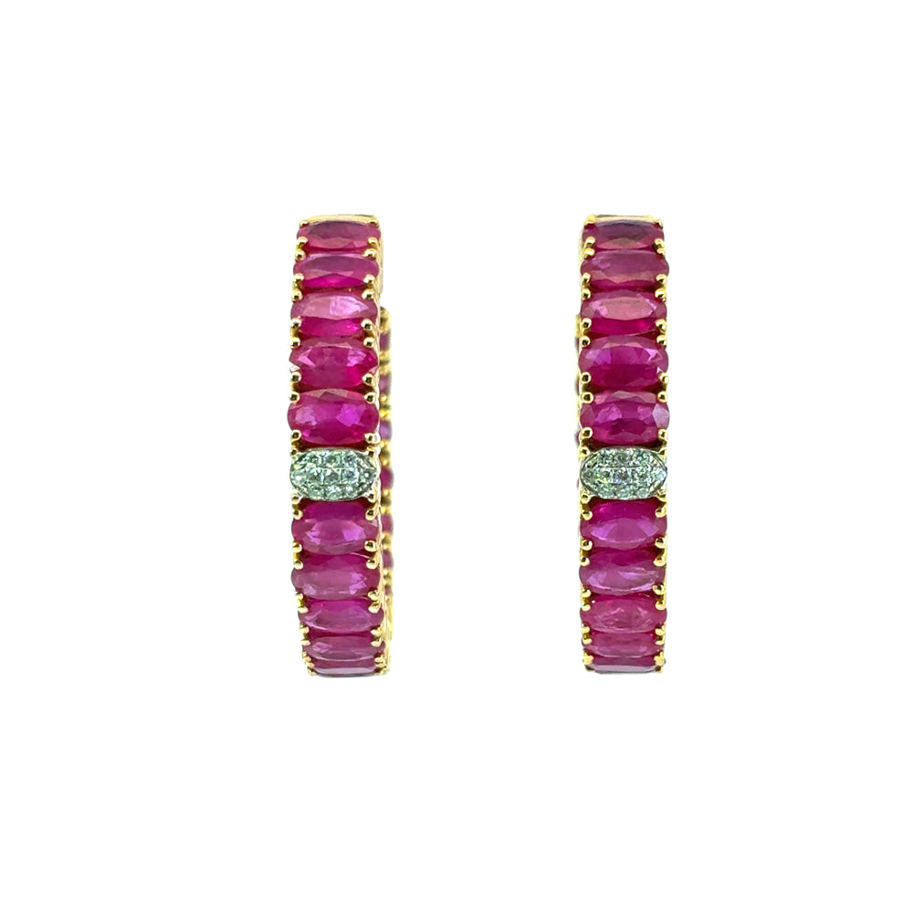 14k Yellow Gold approx. 10ctw Ruby and 0.11ctw Diamond Hoop Earrings