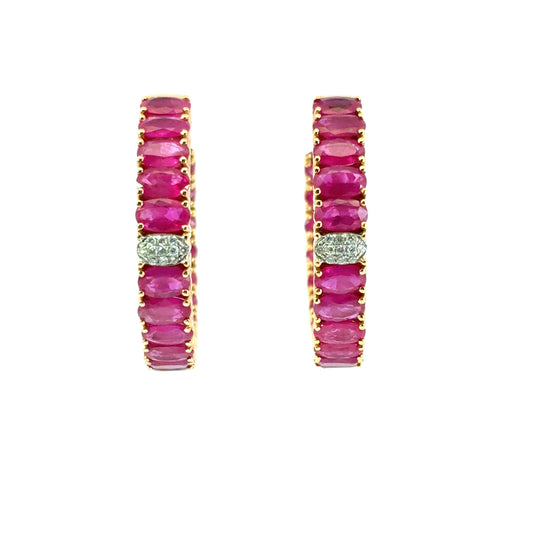 14k Yellow Gold approx. 10ctw Ruby and 0.11ctw Diamond Hoop Earrings