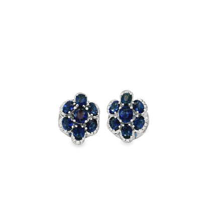 14k White Gold 3.5ctw Blue Oval Sapphire and 0.10ctw Diamond Flower Earrings