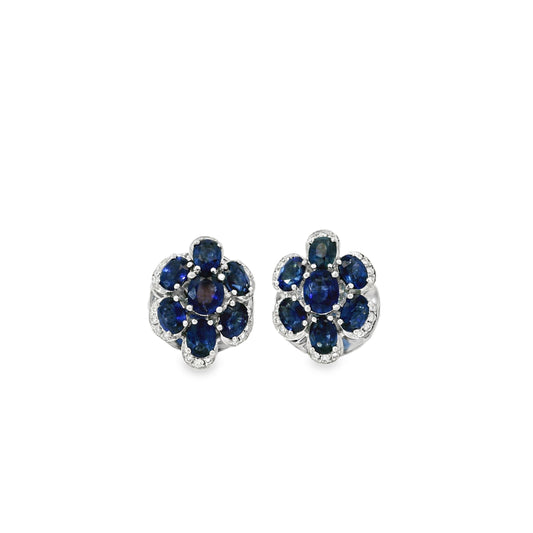14k White Gold 3.5ctw Blue Oval Sapphire and 0.10ctw Diamond Flower Earrings