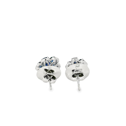 14k White Gold 3.5ctw Blue Oval Sapphire and 0.10ctw Diamond Flower Earrings