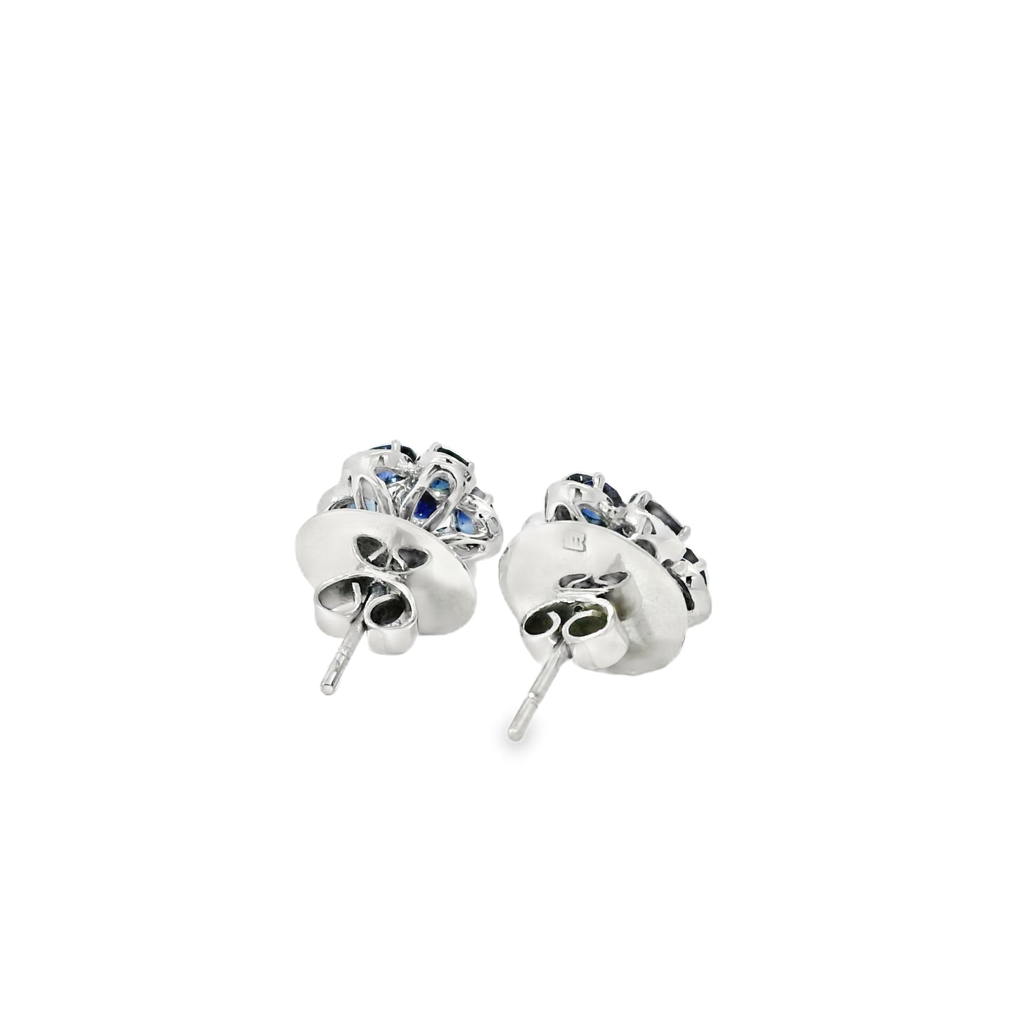 14k White Gold 3.5ctw Blue Oval Sapphire and 0.10ctw Diamond Flower Earrings
