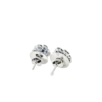 14k White Gold 3.5ctw Blue Oval Sapphire and 0.10ctw Diamond Flower Earrings