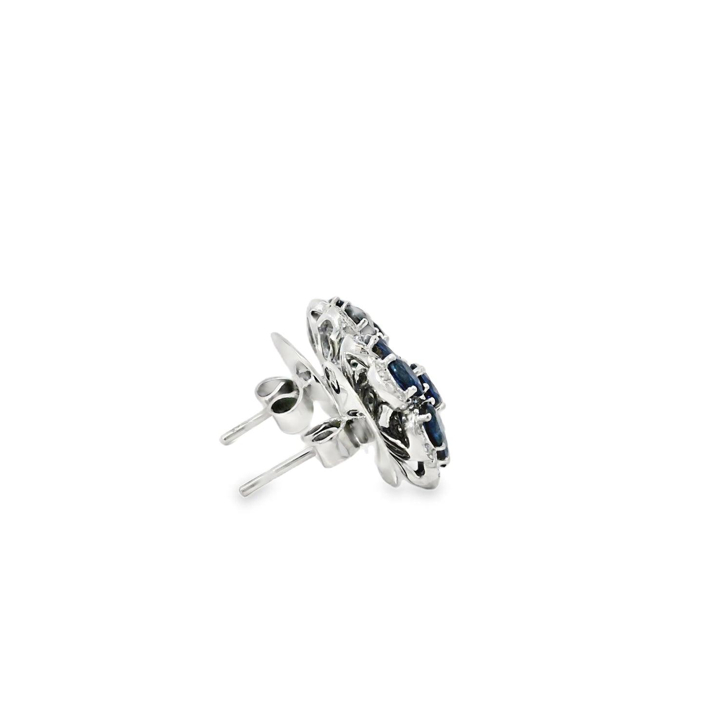 14k White Gold 3.5ctw Blue Oval Sapphire and 0.10ctw Diamond Flower Earrings