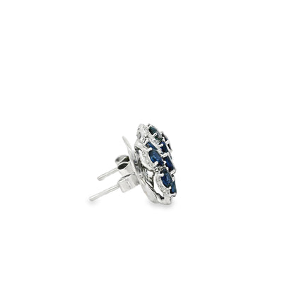 14k White Gold 3.5ctw Blue Oval Sapphire and 0.10ctw Diamond Flower Earrings