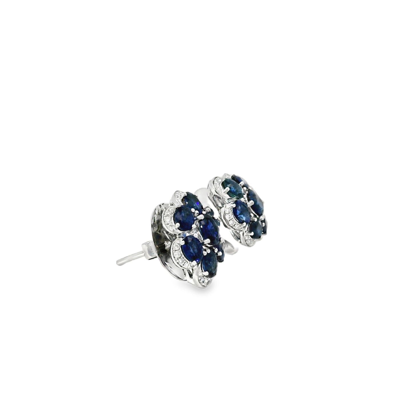 14k White Gold 3.5ctw Blue Oval Sapphire and 0.10ctw Diamond Flower Earrings