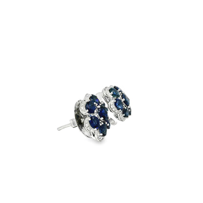 14k White Gold 3.5ctw Blue Oval Sapphire and 0.10ctw Diamond Flower Earrings