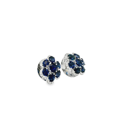 14k White Gold 3.5ctw Blue Oval Sapphire and 0.10ctw Diamond Flower Earrings