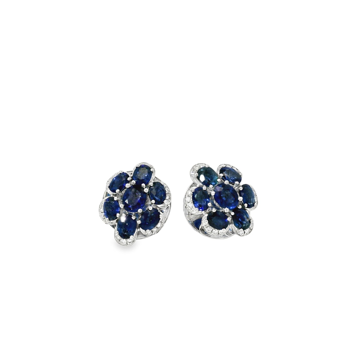 14k White Gold 3.5ctw Blue Oval Sapphire and 0.10ctw Diamond Flower Earrings