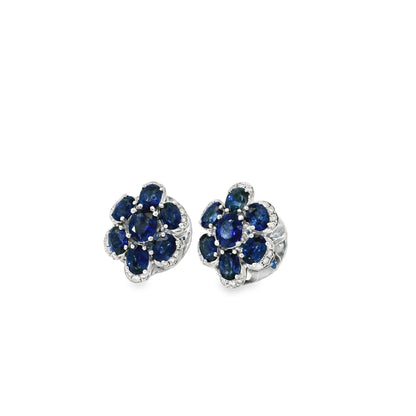 14k White Gold 3.5ctw Blue Oval Sapphire and 0.10ctw Diamond Flower Earrings