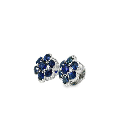 14k White Gold 3.5ctw Blue Oval Sapphire and 0.10ctw Diamond Flower Earrings