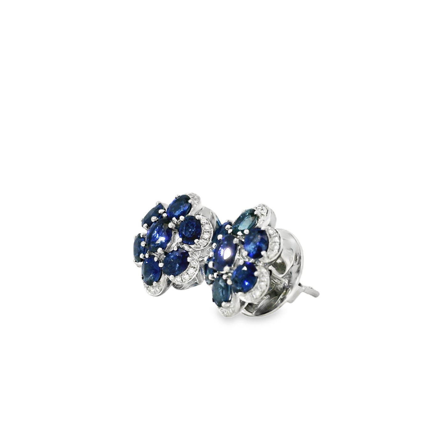 14k White Gold 3.5ctw Blue Oval Sapphire and 0.10ctw Diamond Flower Earrings