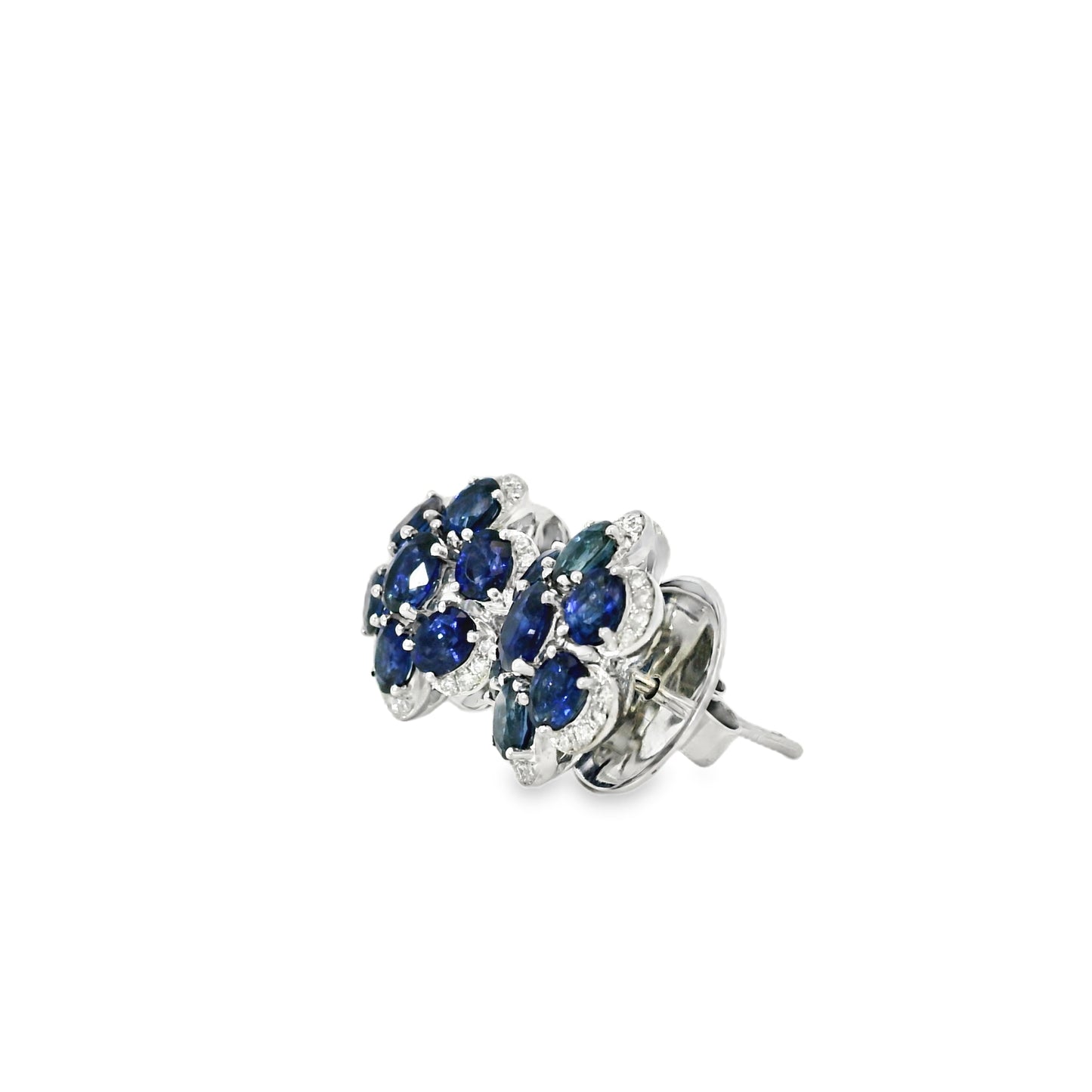 14k White Gold 3.5ctw Blue Oval Sapphire and 0.10ctw Diamond Flower Earrings