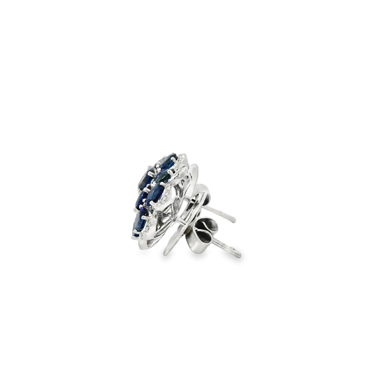 14k White Gold 3.5ctw Blue Oval Sapphire and 0.10ctw Diamond Flower Earrings