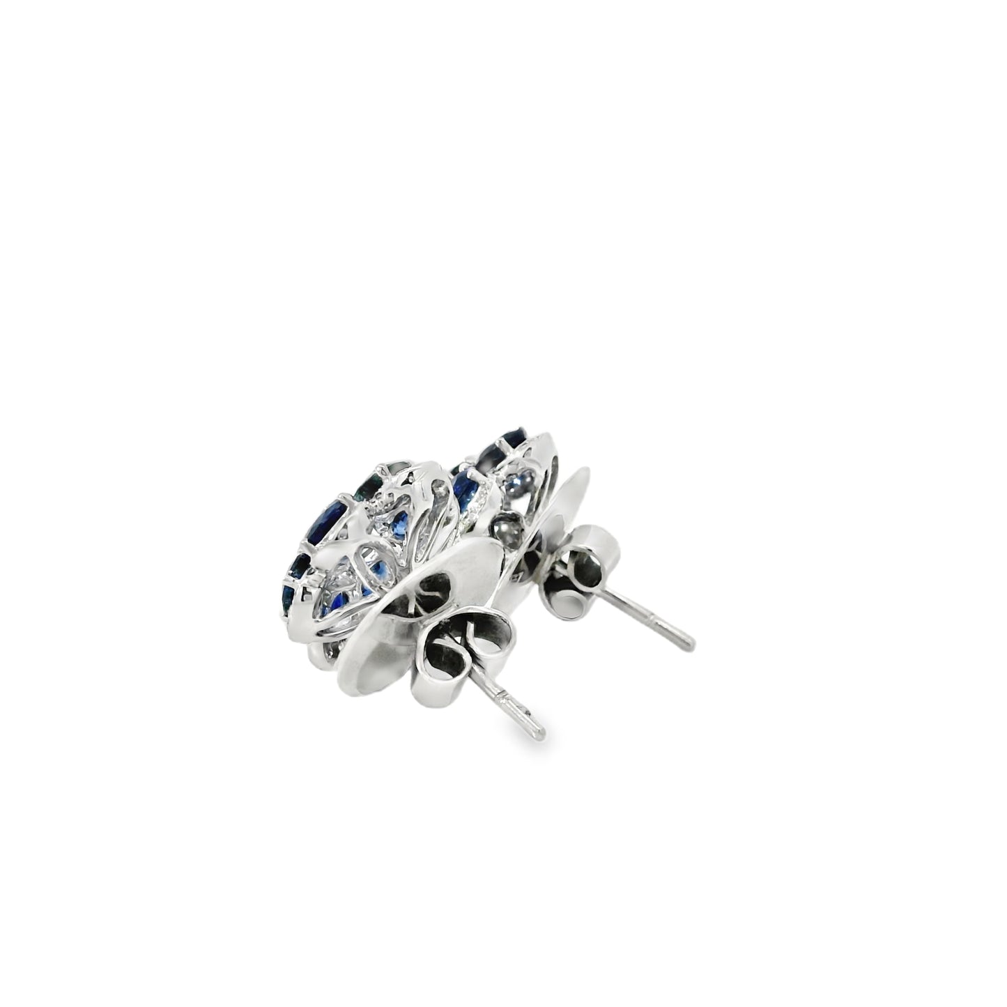 14k White Gold 3.5ctw Blue Oval Sapphire and 0.10ctw Diamond Flower Earrings