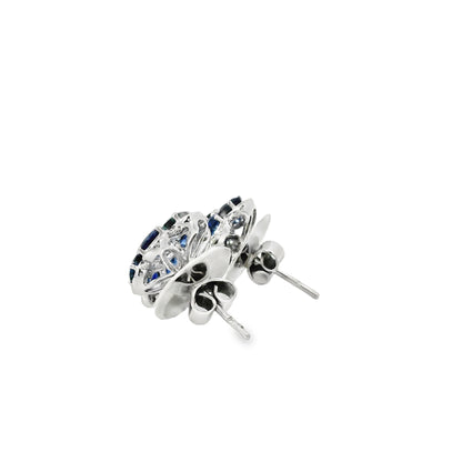 14k White Gold 3.5ctw Blue Oval Sapphire and 0.10ctw Diamond Flower Earrings