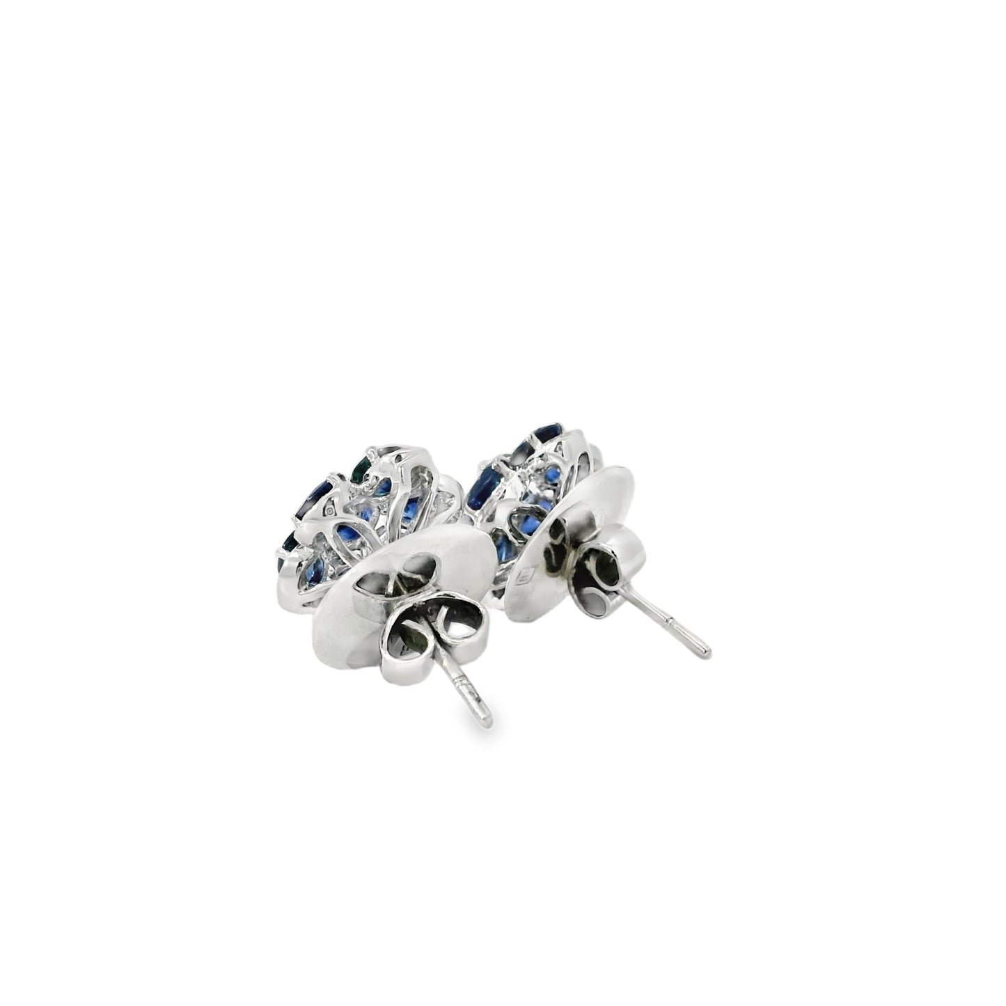 14k White Gold 3.5ctw Blue Oval Sapphire and 0.10ctw Diamond Flower Earrings