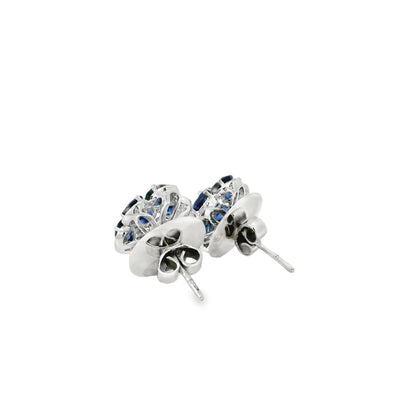 14k White Gold 3.5ctw Blue Oval Sapphire and 0.10ctw Diamond Flower Earrings