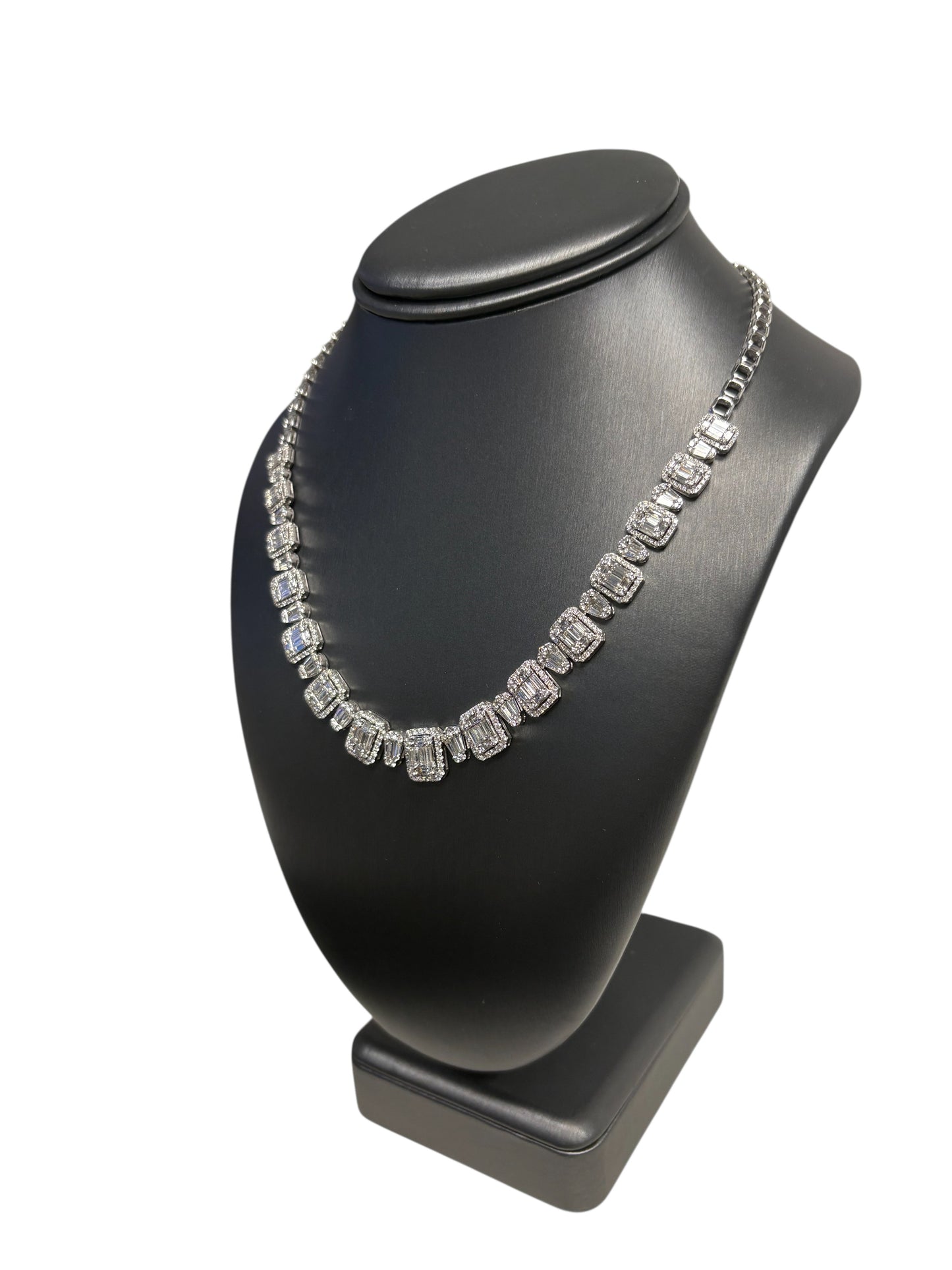 18k White Gold 9.09ctw Natural Baguette & Round Brilliant Diamond Necklace
