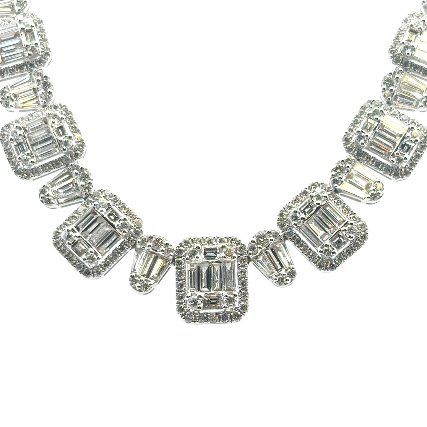 18k White Gold 9.09ctw Natural Baguette & Round Brilliant Diamond Necklace