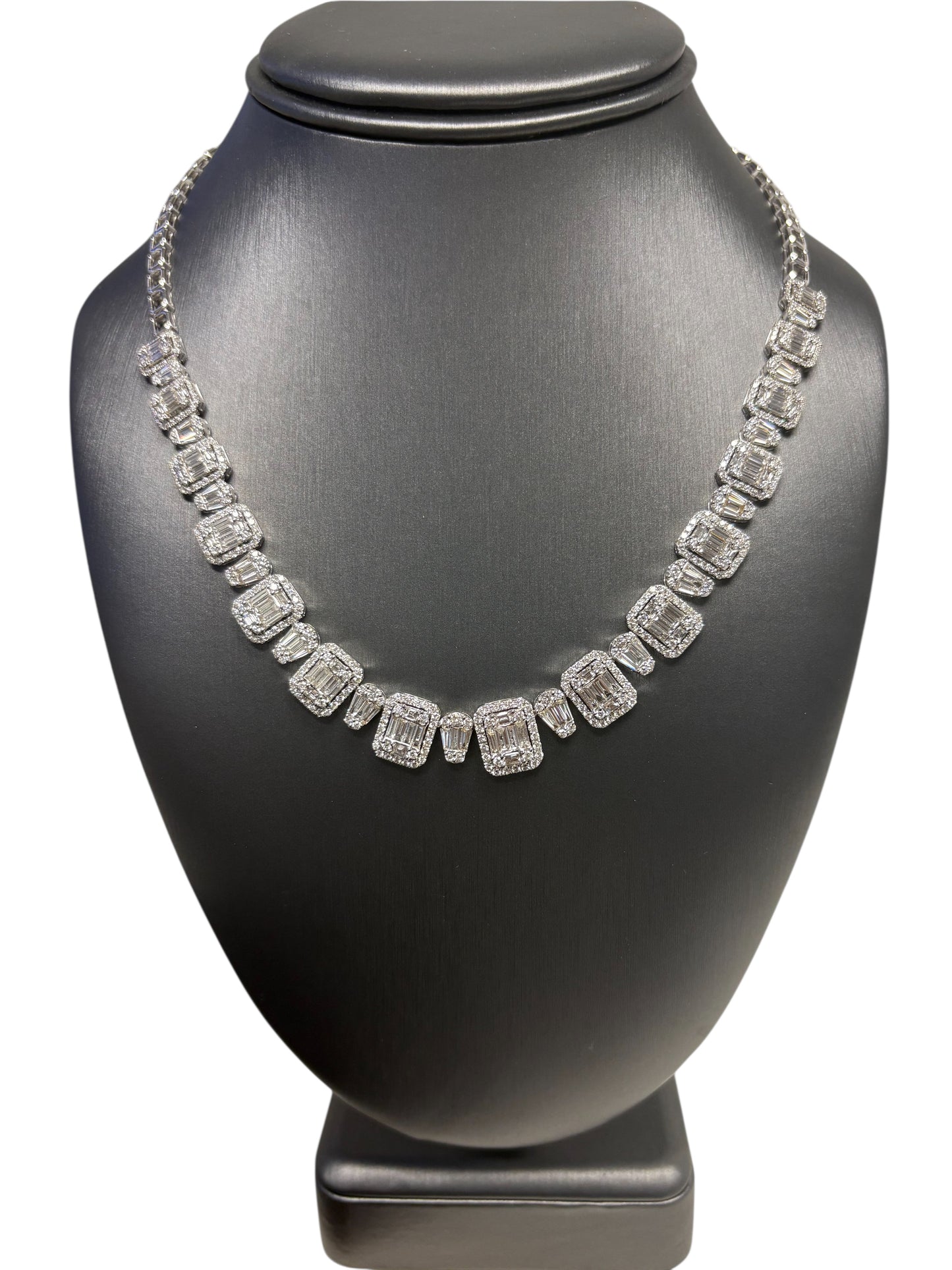 18k White Gold 9.09ctw Natural Baguette & Round Brilliant Diamond Necklace